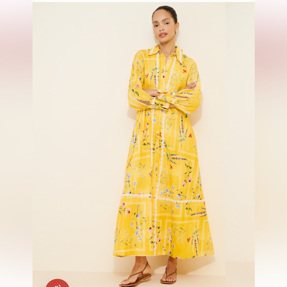 Anthropologie Aureta Aria linen blend Yellow Floral Button-Up Maxi Dress size L - Picture 2 of 13